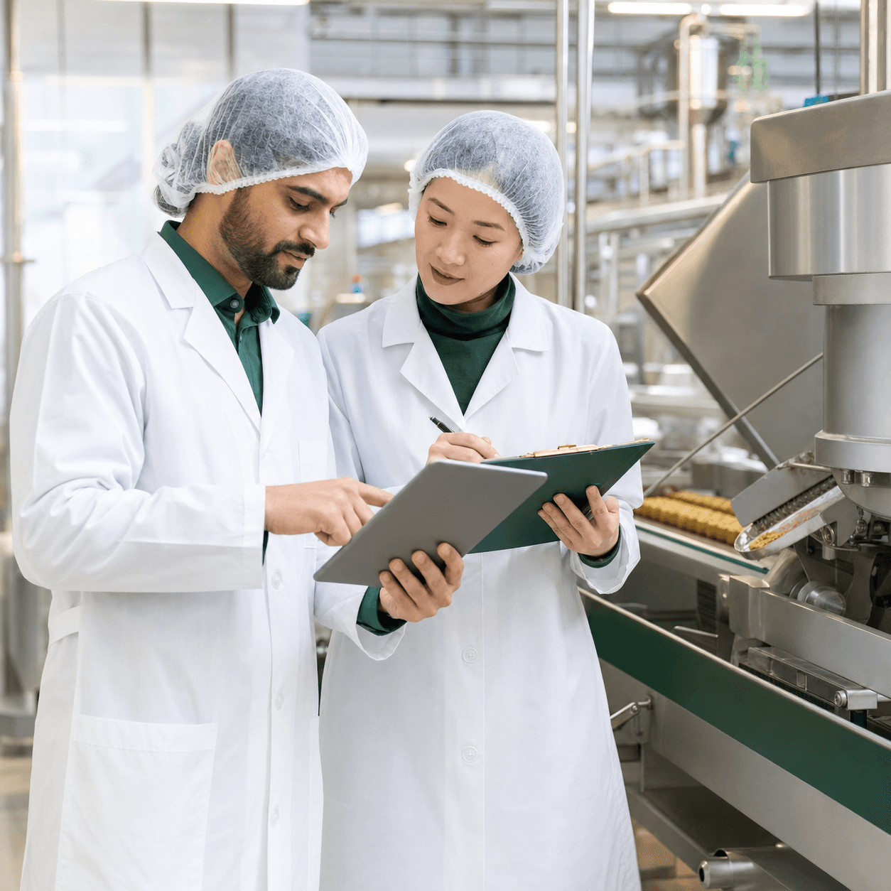 Food safety professionals reviewing production controls during a facility audit