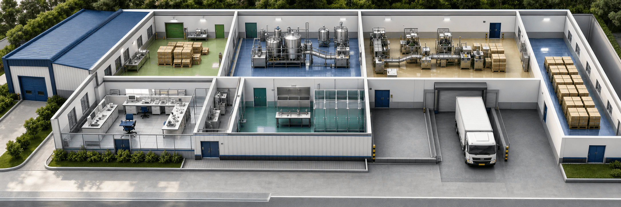 Turnkey plant layout with raw receiving, processing, packaging, laboratory, and dispatch zones